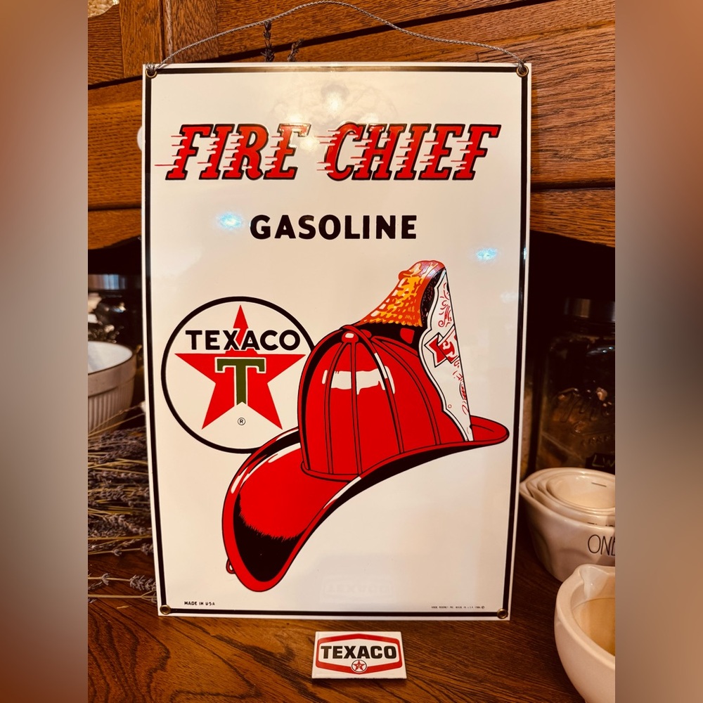 VTG 1986 Ande Rooney Fire Chief Gasoline Porcelain Enameled Wall Art w/Magnet